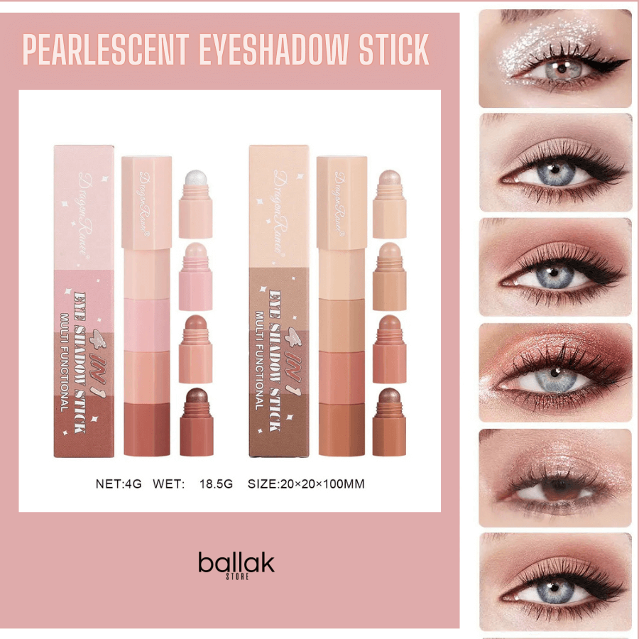 Pearlescent eyeshadow stick packaging with application examples on a pink background