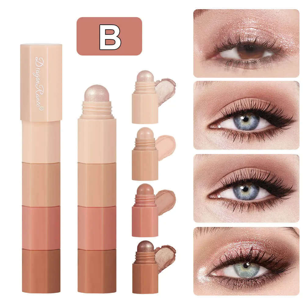 Cosmetic stick with color swatches and eye makeup application examples.