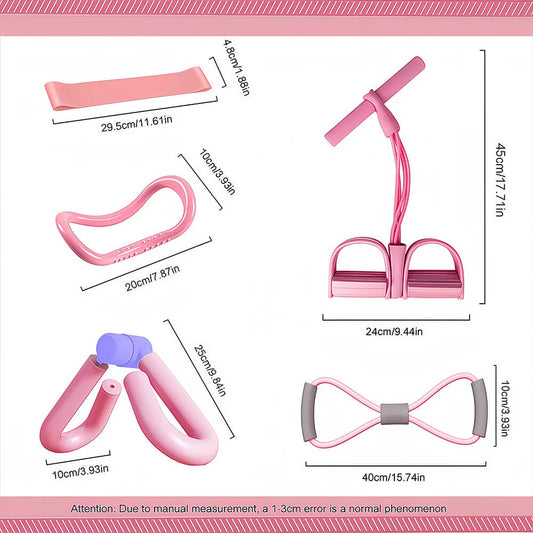 Pink resistance band set with measurements on a white background