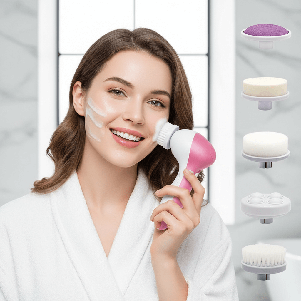 Woman using a skincare device with attachments displayed on a wall.