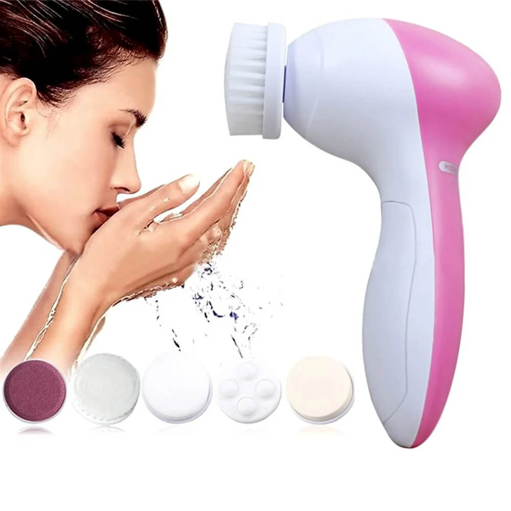 Woman using a pink and white facial cleansing brush with close-up of brush heads.