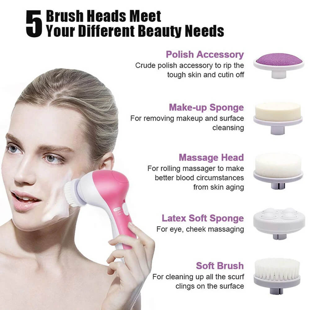 Woman using a facial cleansing brush with text describing different brush heads and their uses.