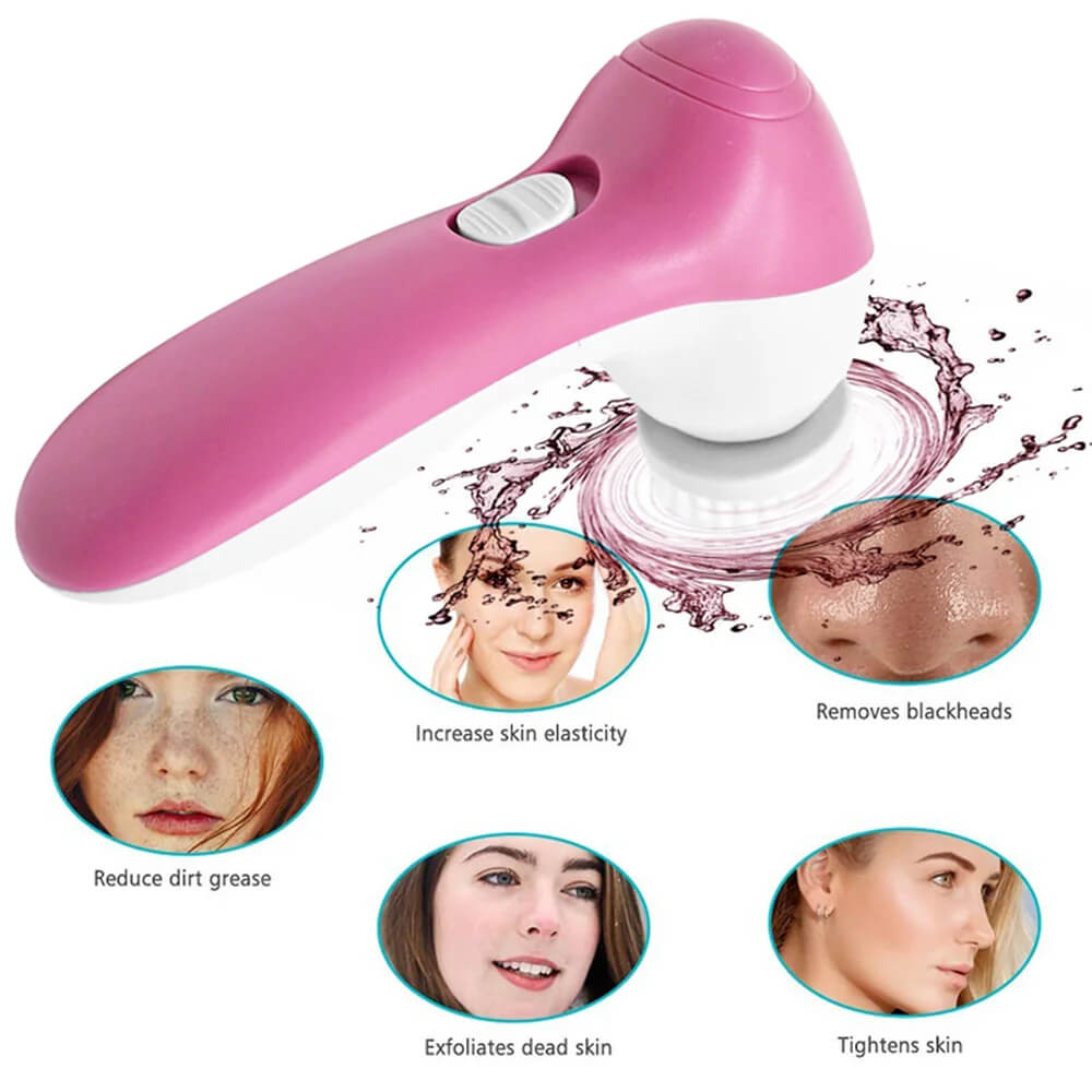 Pink and white facial cleansing device with before-and-after images on a white background