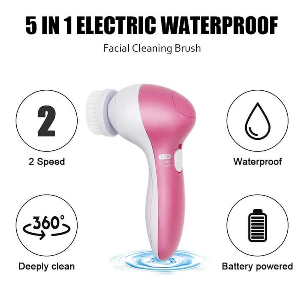 Pink and white 5-in-1 electric waterproof facial cleaning brush with features listed.