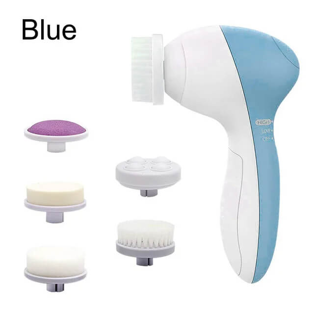 Blue and white handheld grooming tool with multiple attachments on a white background
