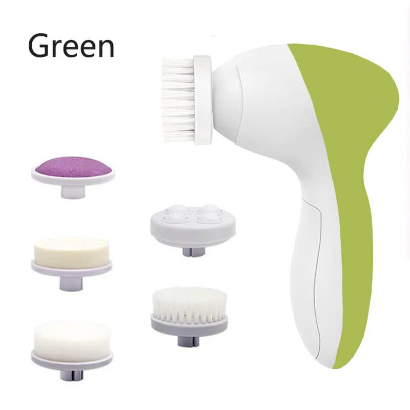 White and green handheld scrubber with multiple attachments on a white background