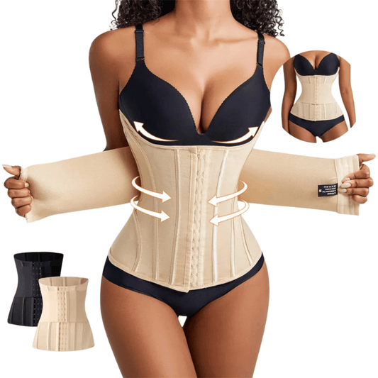 Woman wearing a beige waist trainer with black bra and underwear, on a white background.