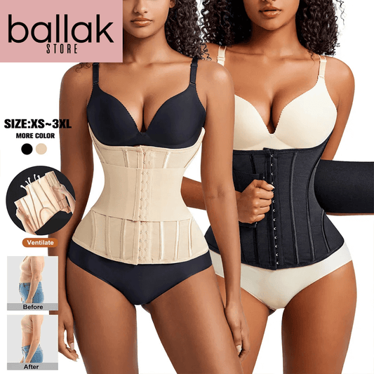 Two models wearing waist training corsets with product details and before/after images on a white background.