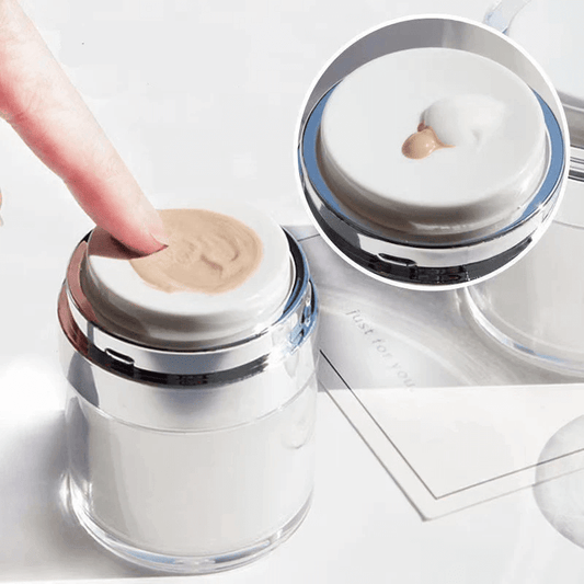 Cosmetic cream jar with a finger applying cream on a white background