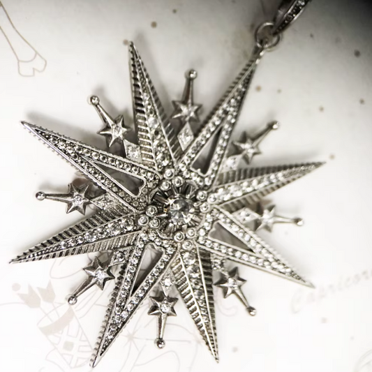 Silver star-shaped pendant with rhinestones on a light background