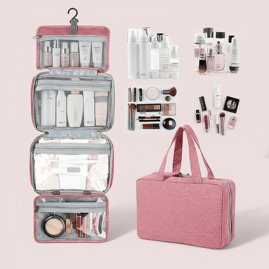 Pink cosmetic bag with makeup items on a light pink background