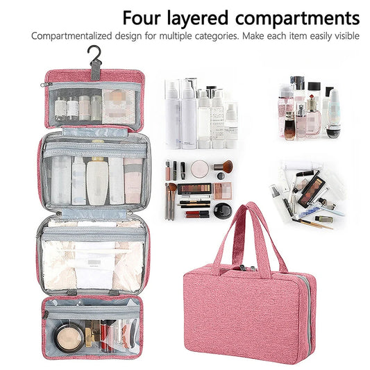 Pink hanging cosmetic storage bag with multiple compartments
