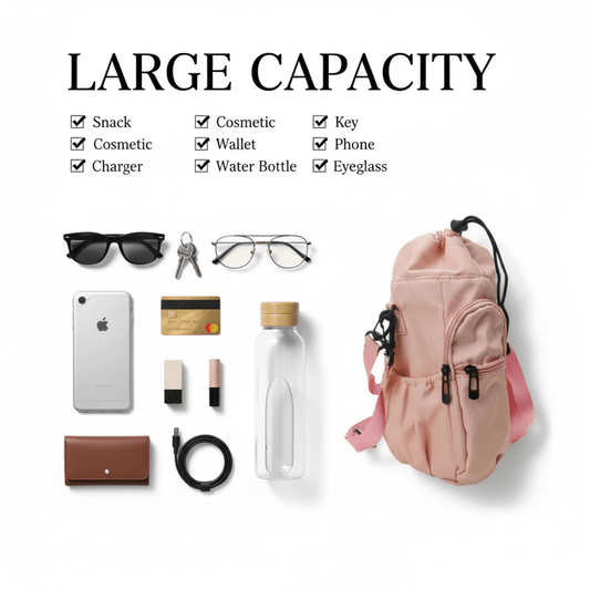 Pink backpack with various items and text indicating large capacity.