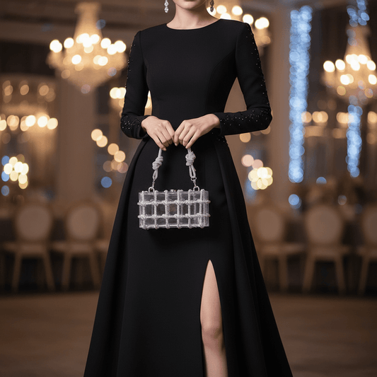 Woman in a black dress holding a silver handbag in an elegant indoor setting.