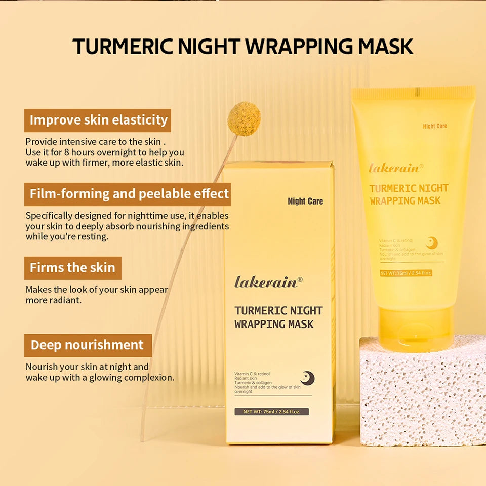 Lakerain Turmeric Night Wrapping Mask packaging with product and applicator on a beige background