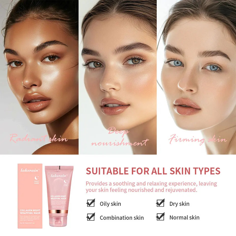 Three women with different skin tones and expressions, with a product and text about suitability for all skin types.