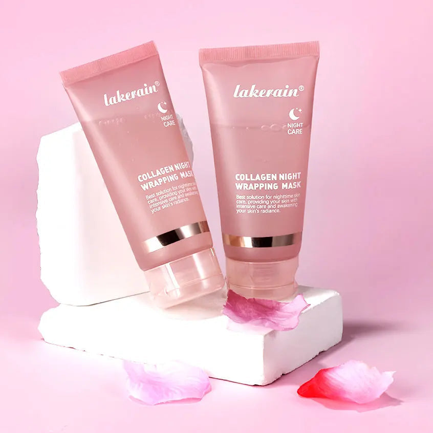 Two pink skincare products with 'lakerain' branding on a pink background