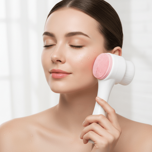 Woman using a pink and white facial cleansing brush on her face against a plain background
