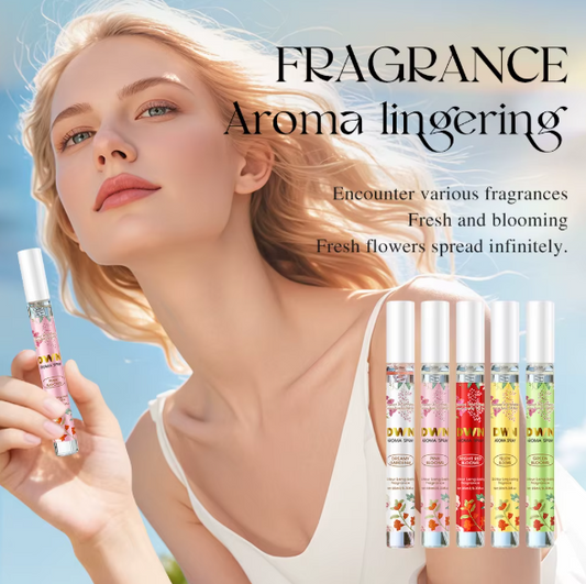 Woman holding a perfume bottle with a clear blue sky background and text about fragrances.