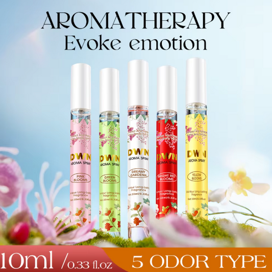 Five aromatherapy spray bottles with floral designs on a blue background