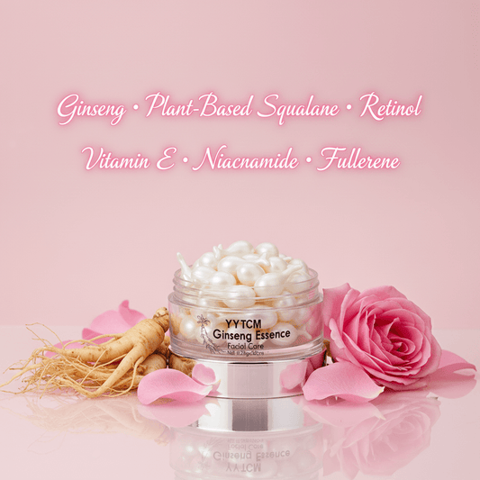Jar of VYTCM Ginseng Essence with ginseng root and pink rose on a pink background