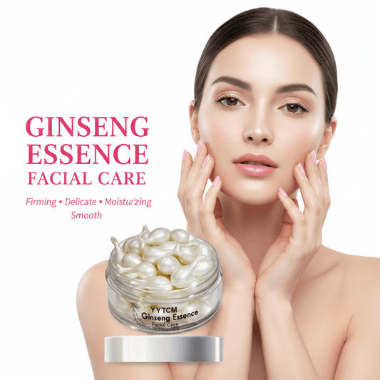 Woman touching her face with a jar of YYTCM Ginseng Essence on a white background