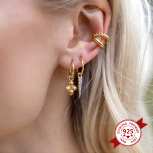 Gold Zircon Hoop Earrings - Dainty Dangle Charms with 925 Silver Needle