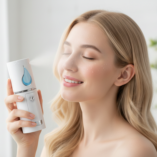 European woman using hydrating face mist sprayer