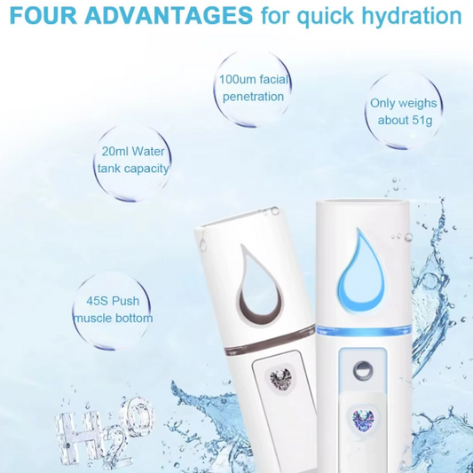 Product with water droplet design on a blue background, highlighting four advantages for quick hydration.