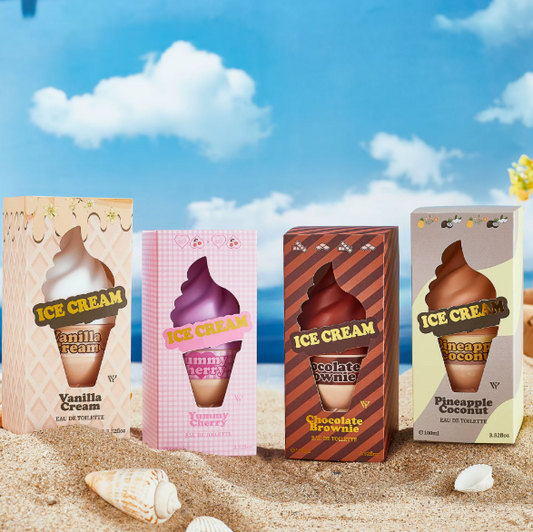Four ice cream-themed product boxes on a sandy beach with a blue sky.