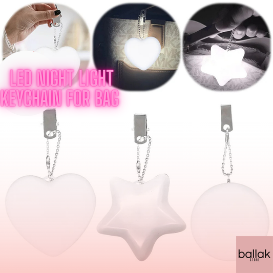 Heart and star-shaped LED night lights with keychains on a gradient background, featuring the brand 'ballak'.