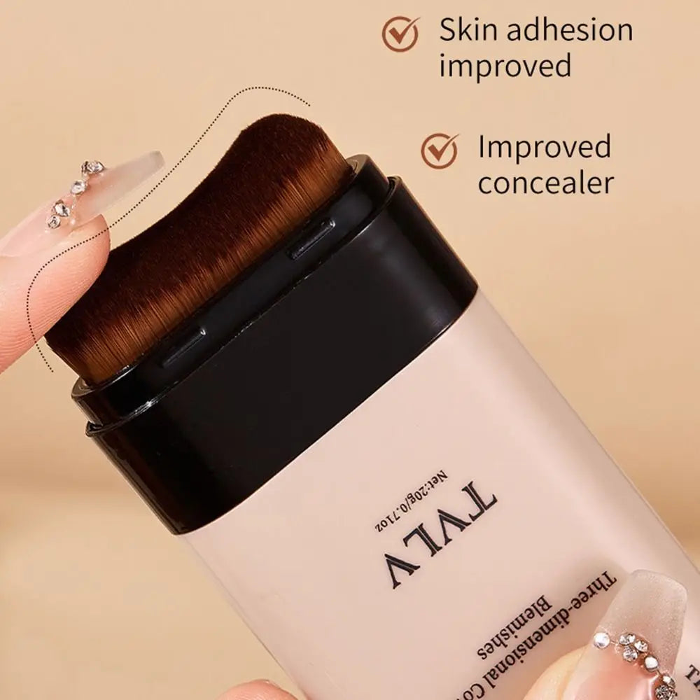 Foundation stick with brush and text highlighting improved skin adhesion and concealer.