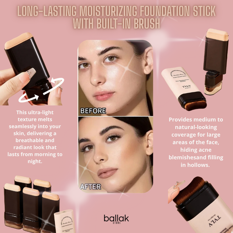 Long-Lasting Moisturizing Foundation Stick with Built-In Brush
