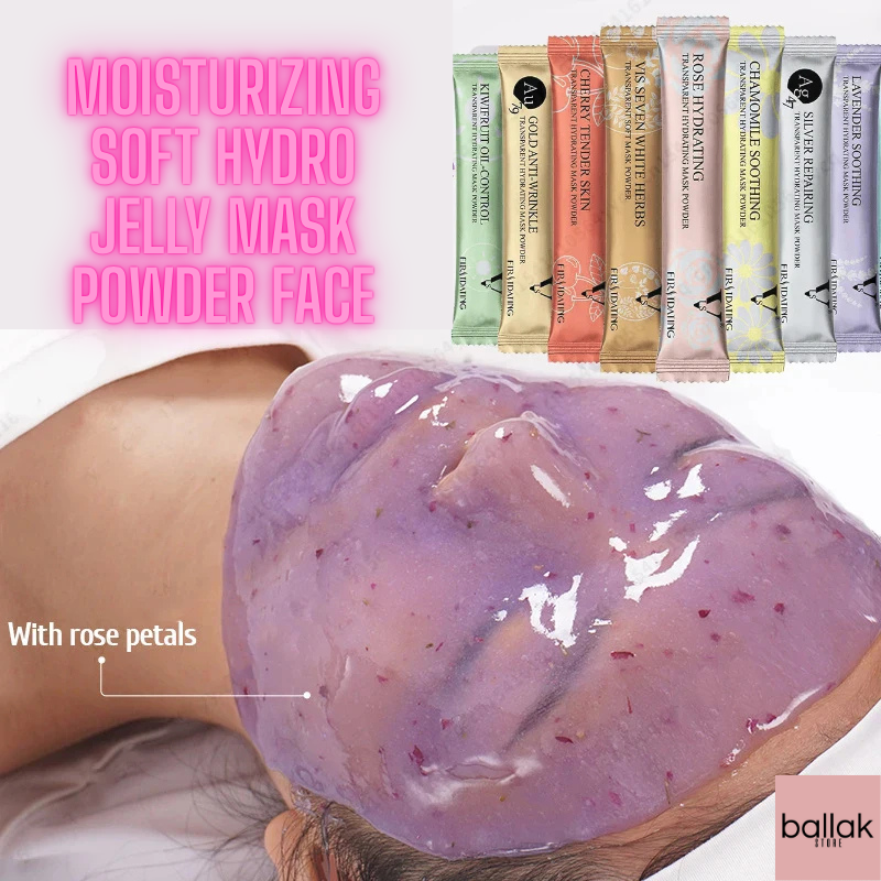 Purple jelly mask with rose petals applied to skin, next to various colored hydro jelly mask packets.