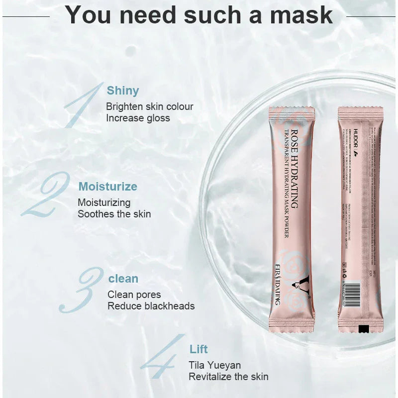 Rose hydrating mask packaging with text on a light background