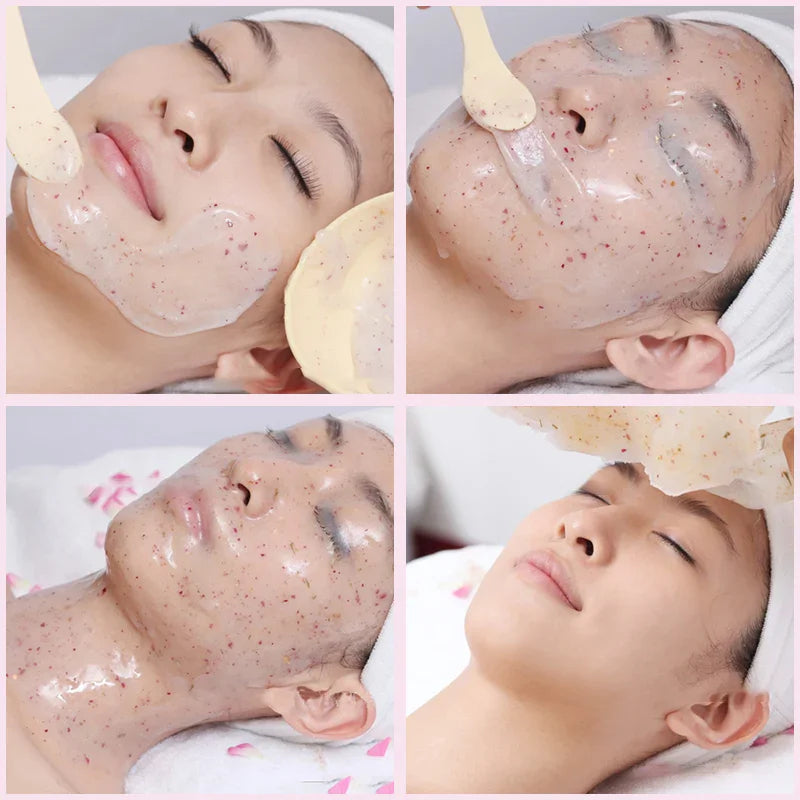 Collage of a facial treatment process with a person lying down and a scrub applied to their face.