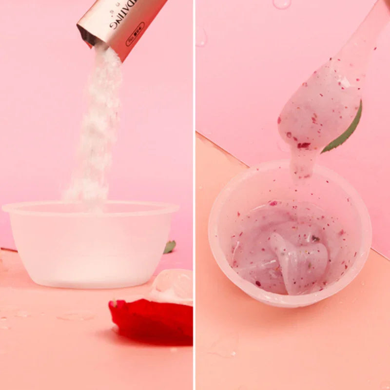 Collage of a product being poured into a bowl and then mixed with a spoon on a pink background.