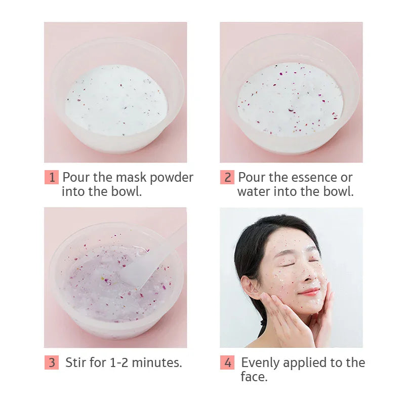 Step-by-step guide on applying a face mask with images and text instructions.