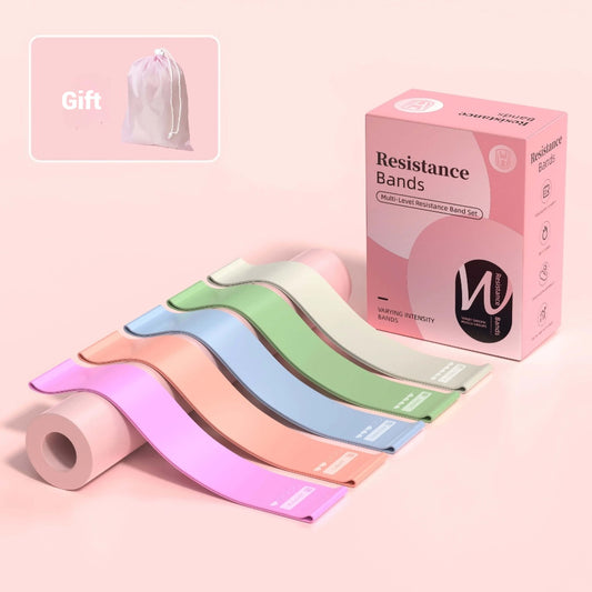 Resistance bands with packaging on a pink background
