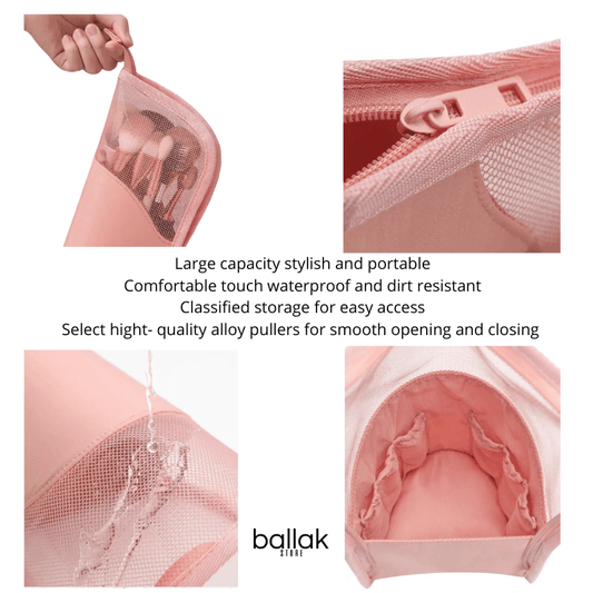 Pink mesh storage bag with text highlighting features and the brand 'ballak'.