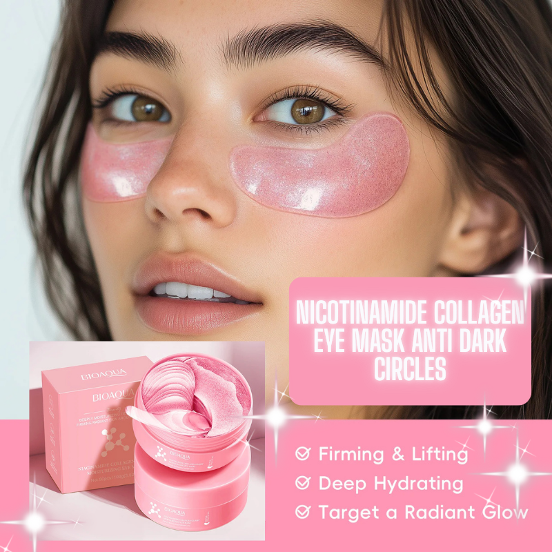 Woman wearing pink eye masks with product packaging and text highlighting benefits on a light background