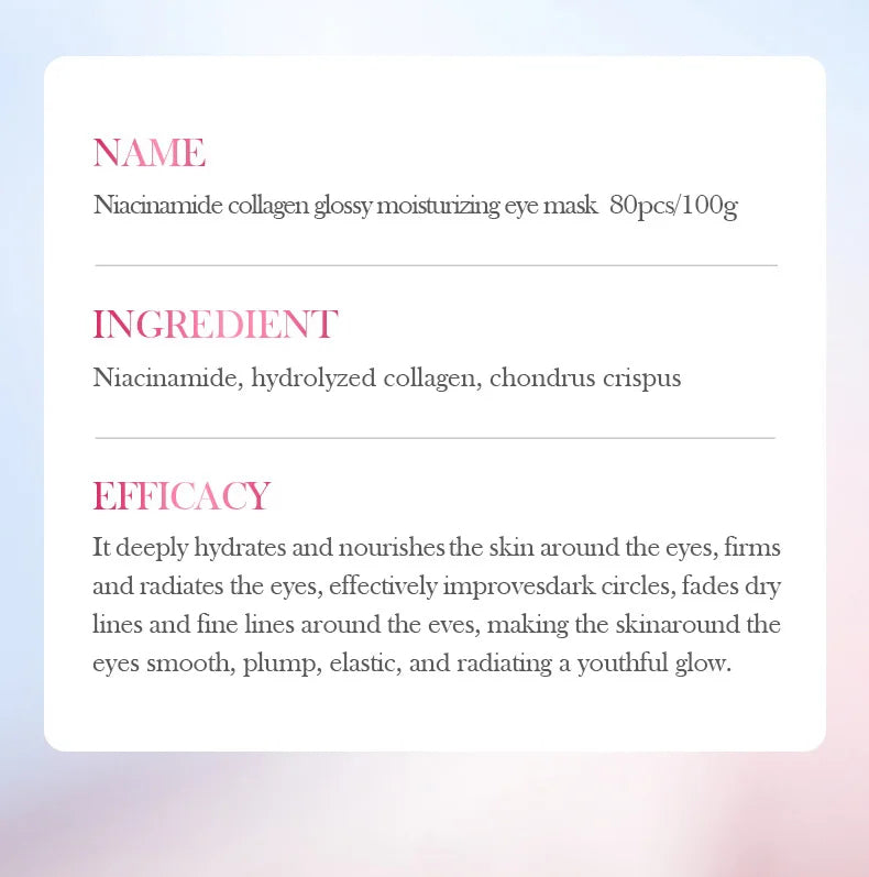 Product label for Niacinamide collagen glossy moisturizing eye mask with ingredient and efficacy details.