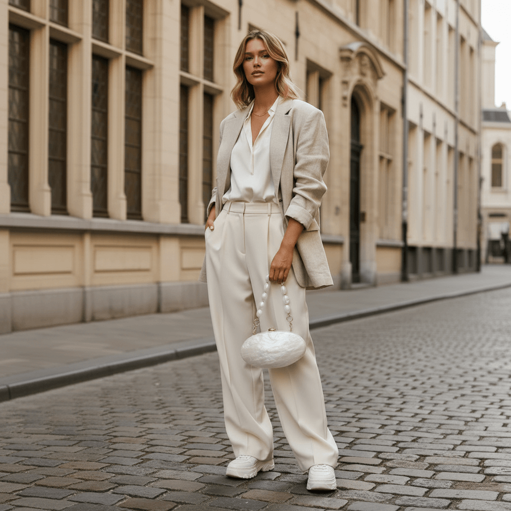 Woman in a beige suit standing on a cobbled street.