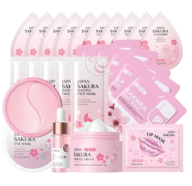 Collection of Sakura skincare products including eye mask, face cream, serum, and lip mask on a white background.