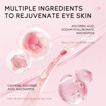 Cosmetic product packaging with ingredients for eye skin rejuvenation on a pink background