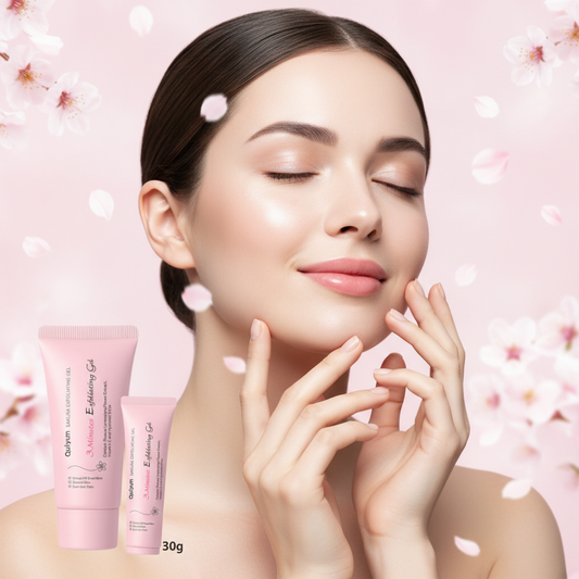 European woman with glowing skin showcasing Sakura Exfoliating Gel results