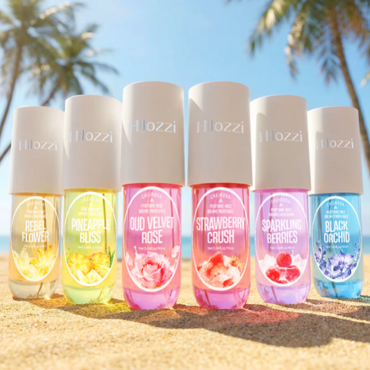 Set of Lolozzi nail polish bottles with colorful labels on a beach background