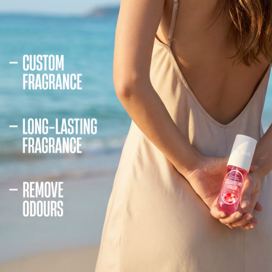 Person holding a bottle of deodorant with beach background and product features listed.