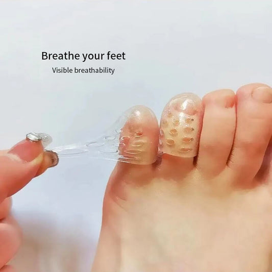Transparent footorthosis being worn on a foot with text 'Breathe your feet' and 'Visible breathability'.