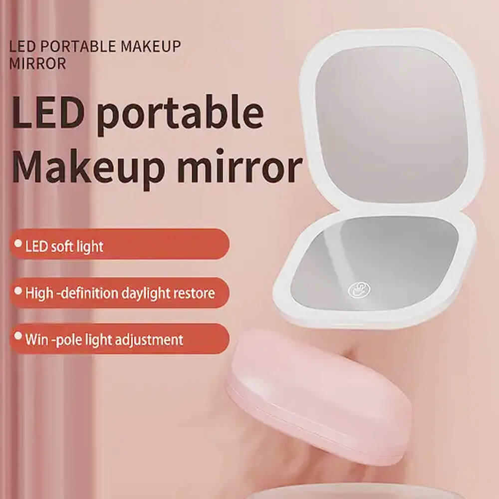 LED portable makeup mirror with features listed on a pink background